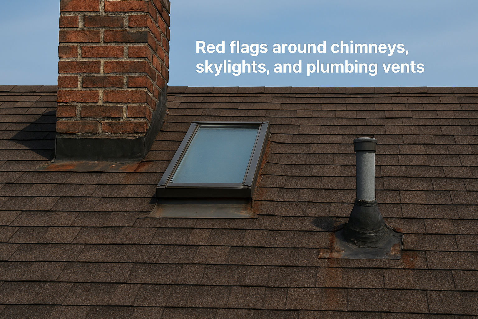 Red flags around chimneys, skylights, and plumbing vents