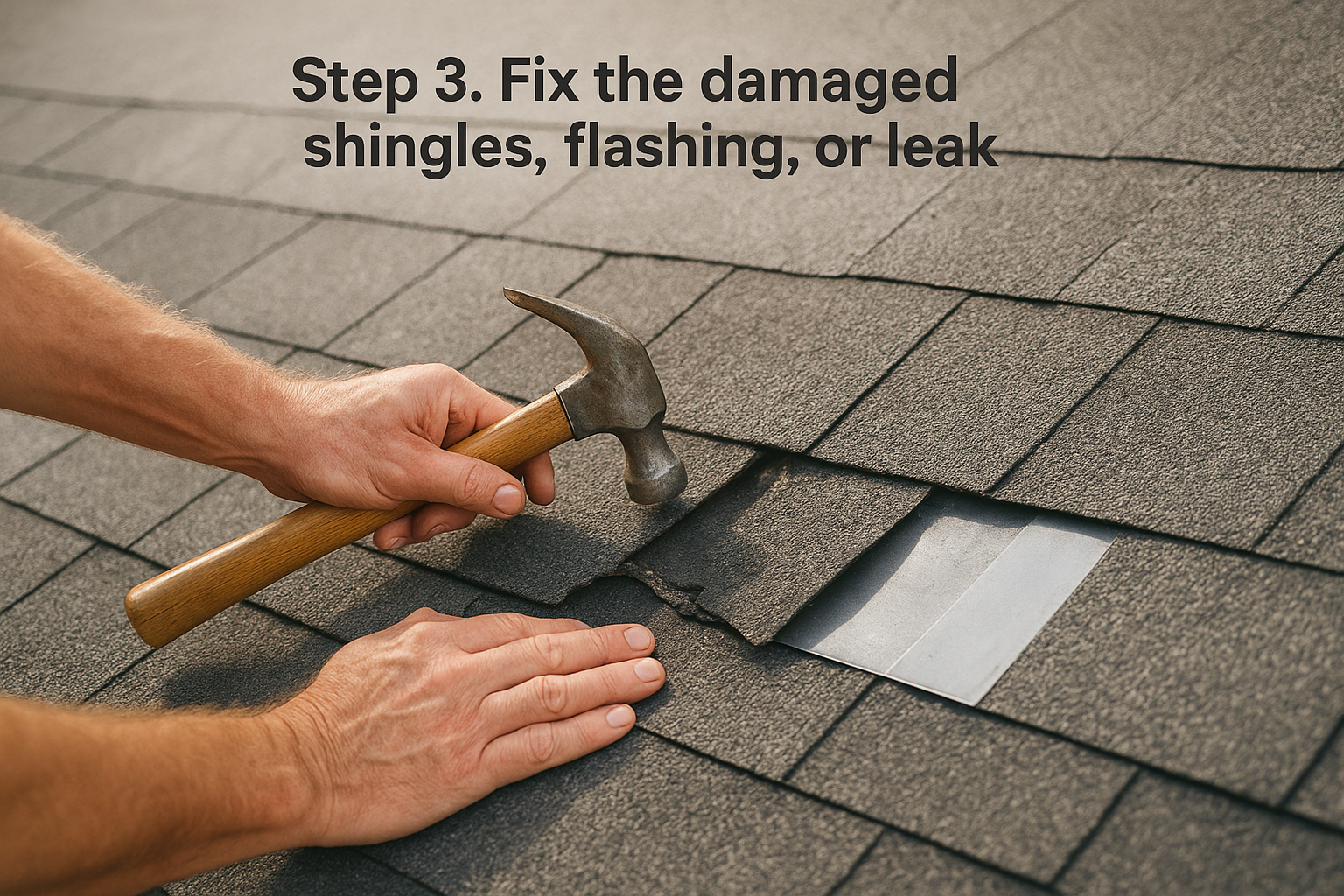 Step 3. Fix the damaged shingles, flashing, or leak