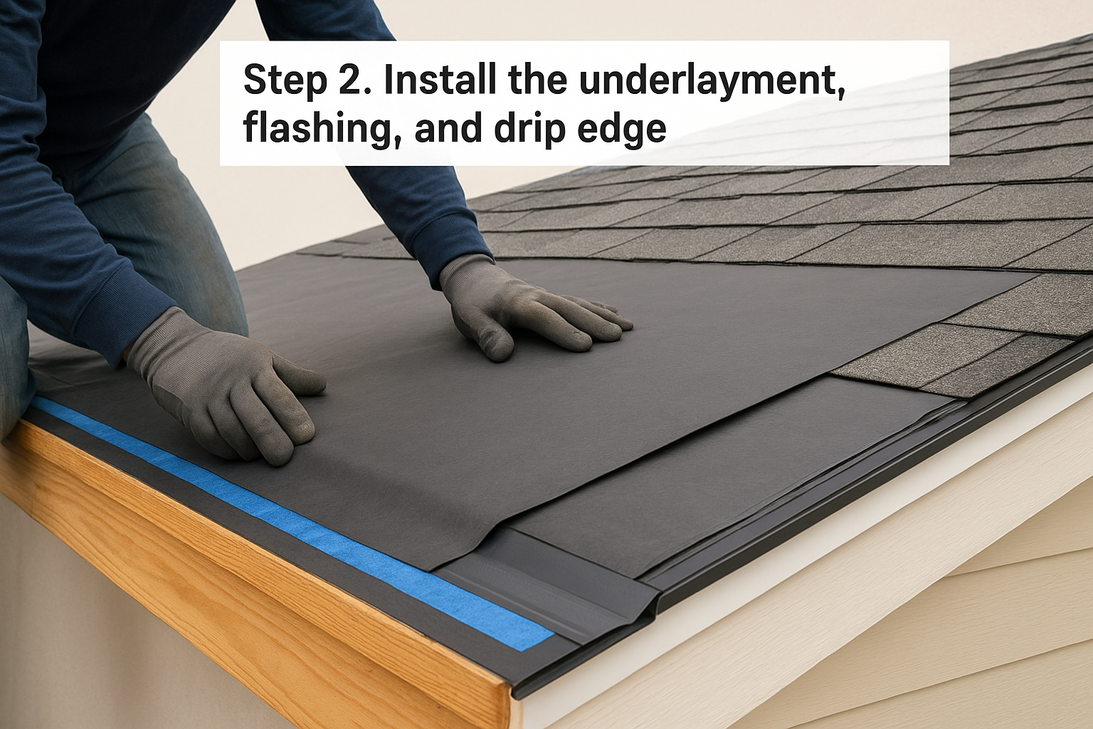 Step 2. Install the underlayment, flashing, and drip edge