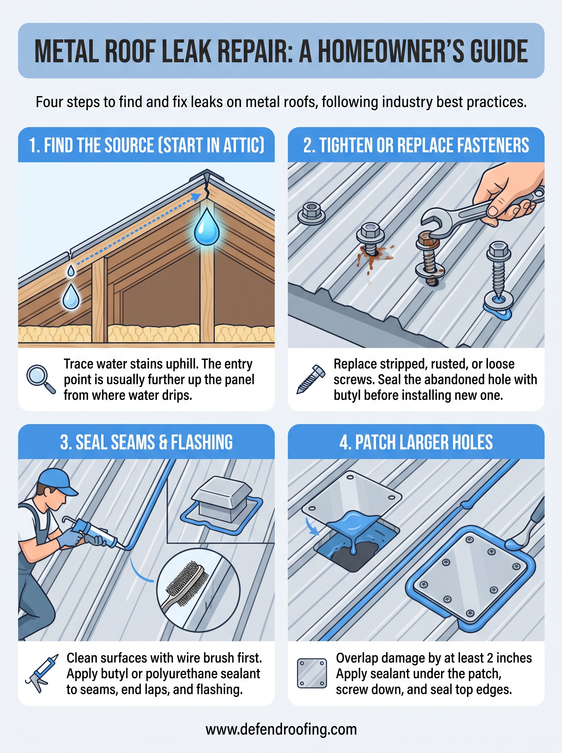 repair metal roof leak infographic
