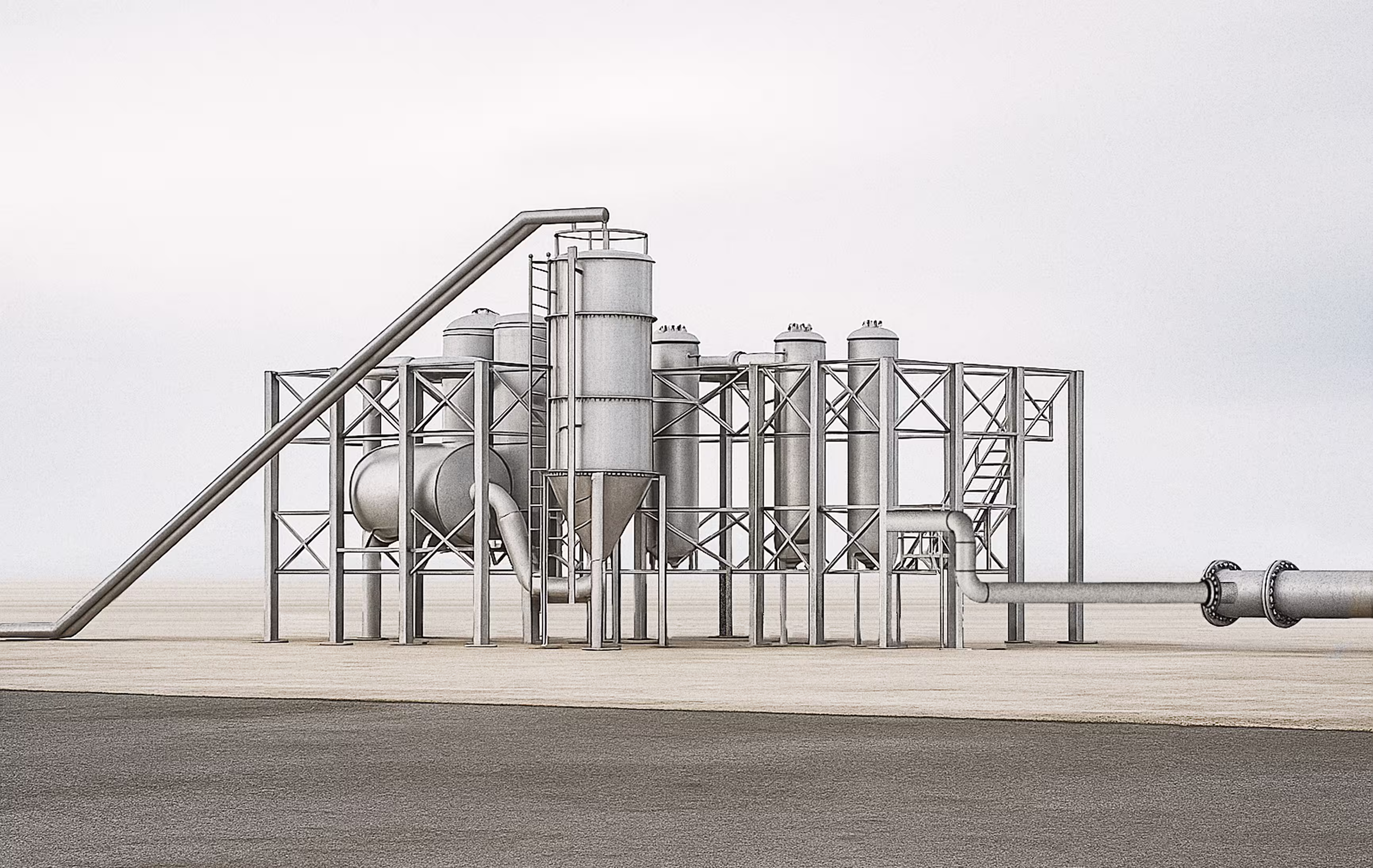 Metallic industrial structure with silos and pipes, set against a minimalist background, representing a processing facility.