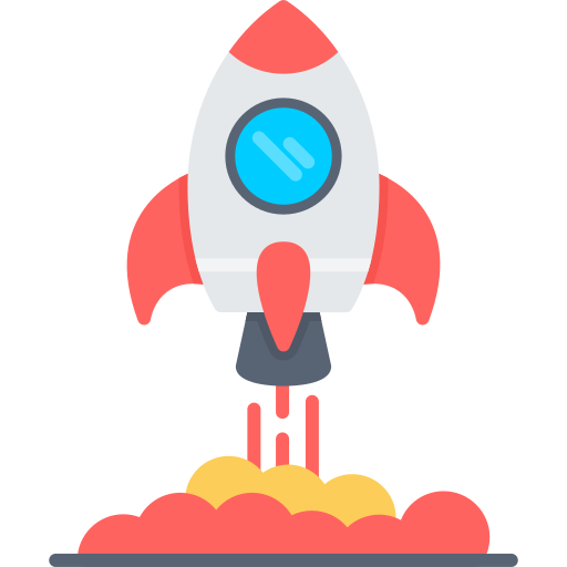 Cartoon rocket ship launching upward with flames and smoke at the base.