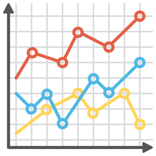 Line chart with three colored lines—red, blue, and yellow—showing trends on a grid with arrows on both axes.