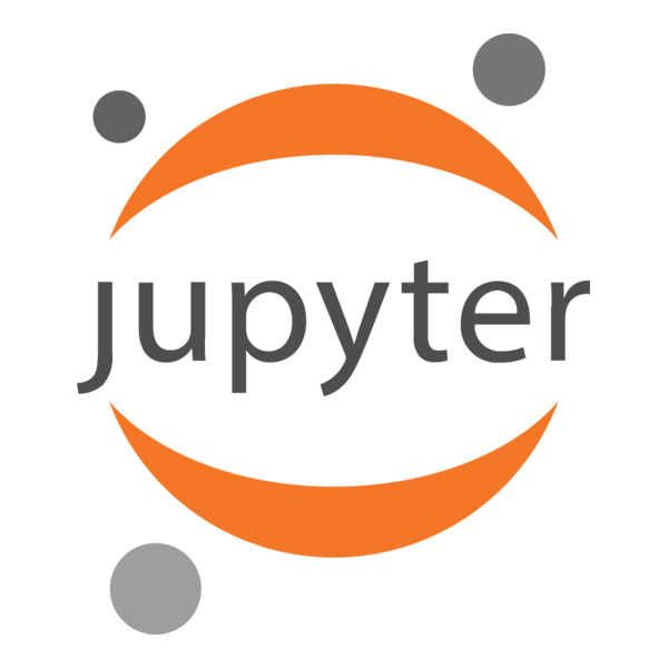 Jupyter logo with the word 'jupyter' inside an orange circular orbit design and three grey orbiting dots.