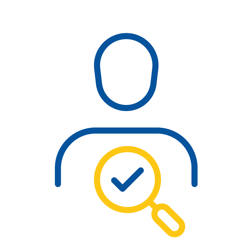 Blue outline of a person with a yellow magnifying glass and a checkmark inside it over the chest.