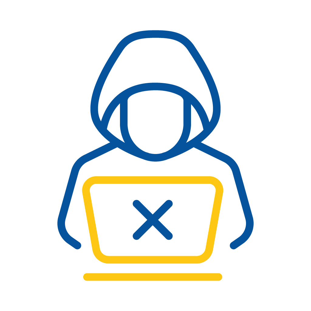Blue outline of a hooded figure sitting behind a yellow laptop displaying a blue X.