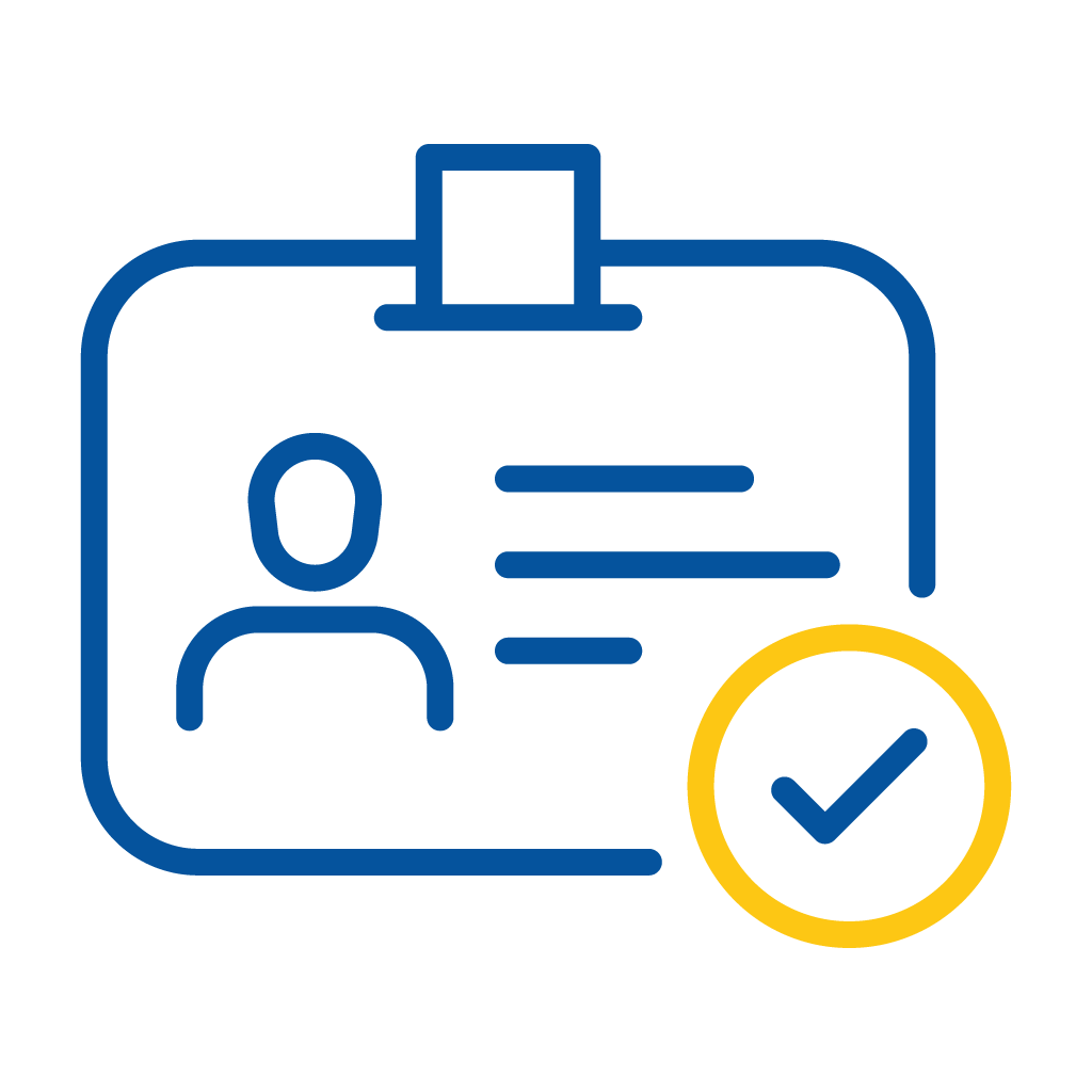 ID card icon with a person silhouette and lines representing text, accompanied by a yellow checkmark indicating verified identity.