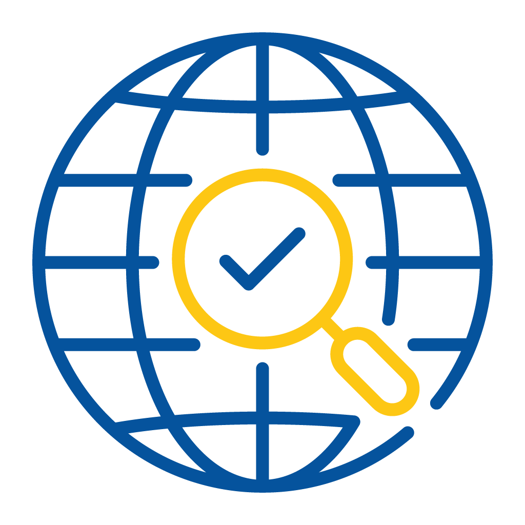 Blue globe outline with a yellow magnifying glass containing a blue checkmark in the center.