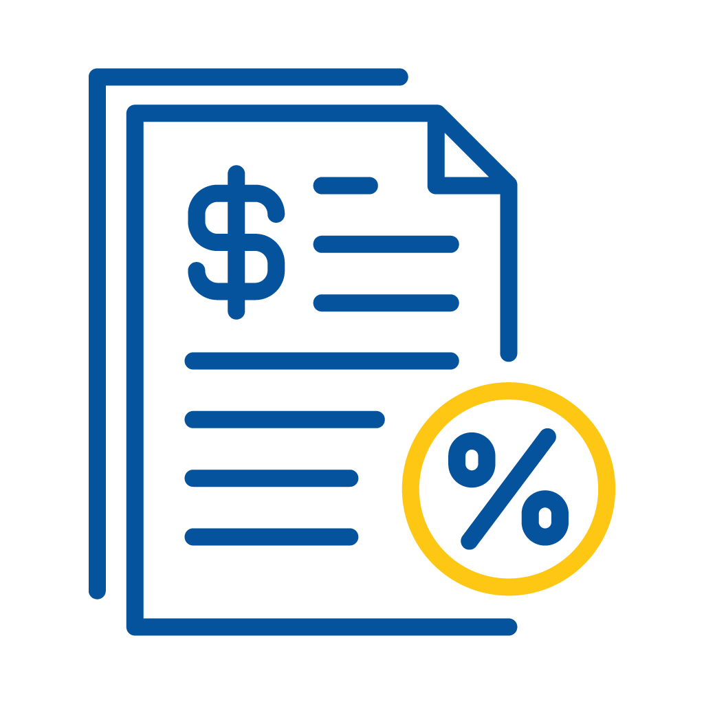 Stack of financial documents with a dollar symbol and a yellow circle containing a blue percentage sign.