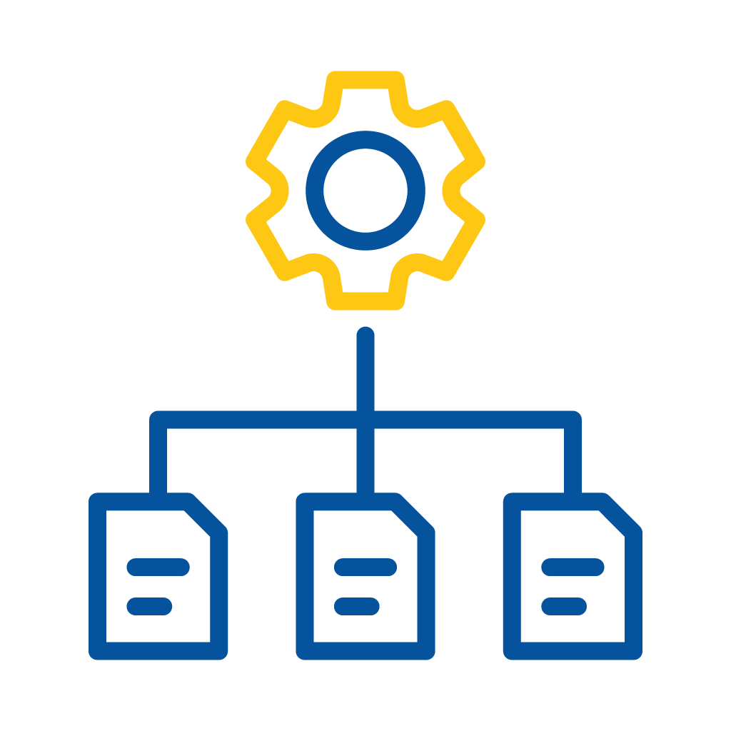 Yellow gear icon connected by blue lines to three blue document icons arranged horizontally.