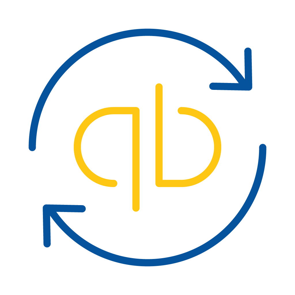 Logo with two mirrored yellow semicircles separated by vertical yellow lines inside a circular blue arrow rotating clockwise.