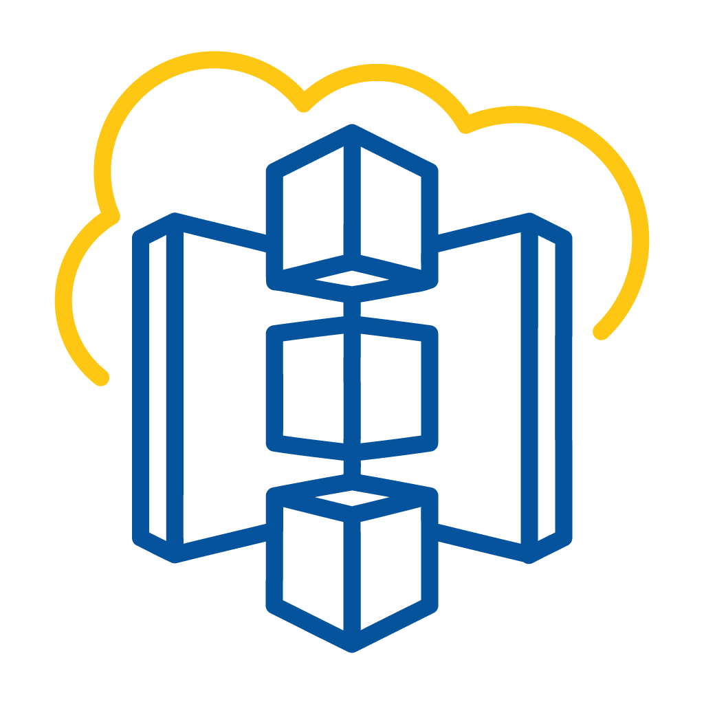 Blue 3D cube blocks connected vertically inside a blue open book outline, with a yellow cloud outline behind.