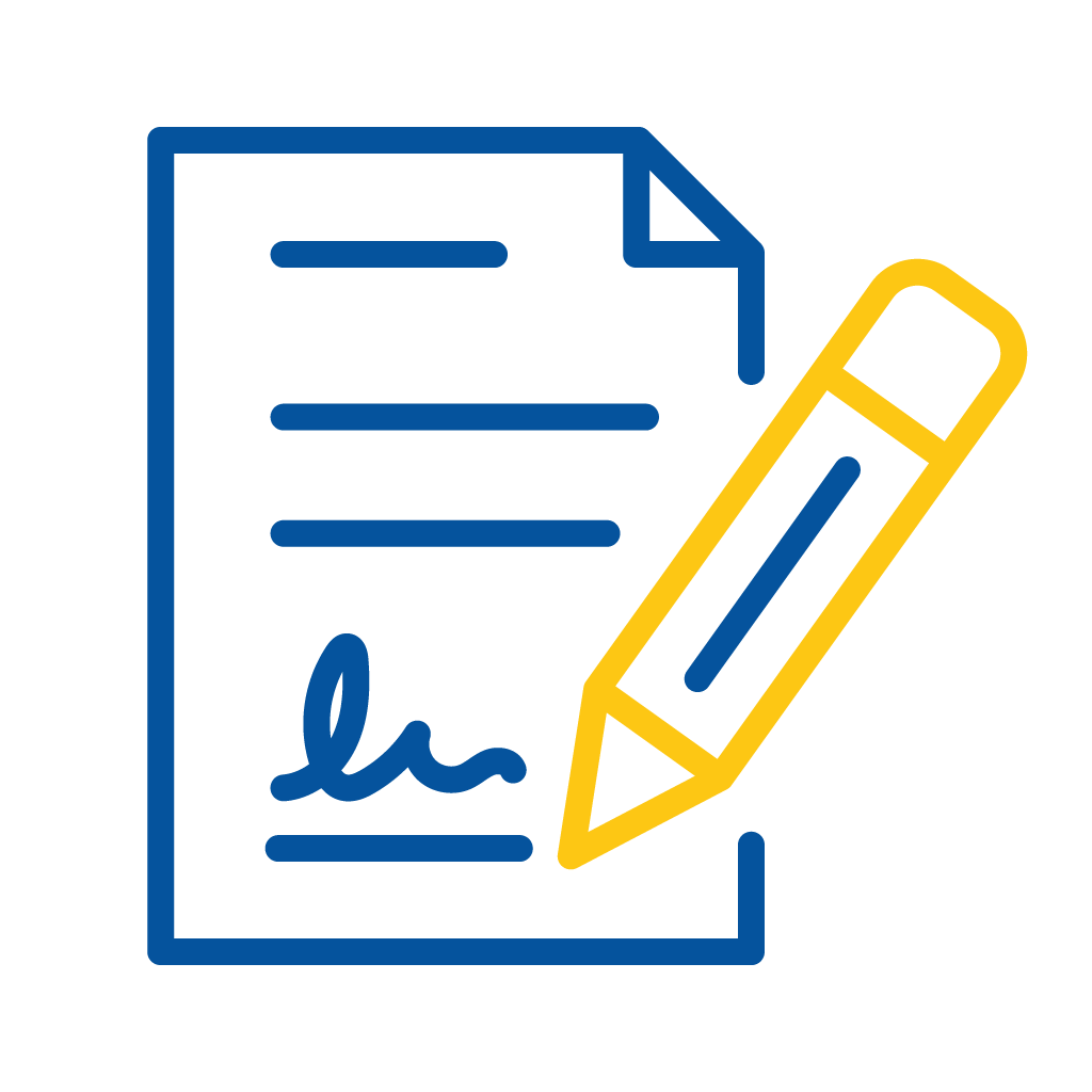 Icon of a blue document with a signature and a yellow pencil writing on it.