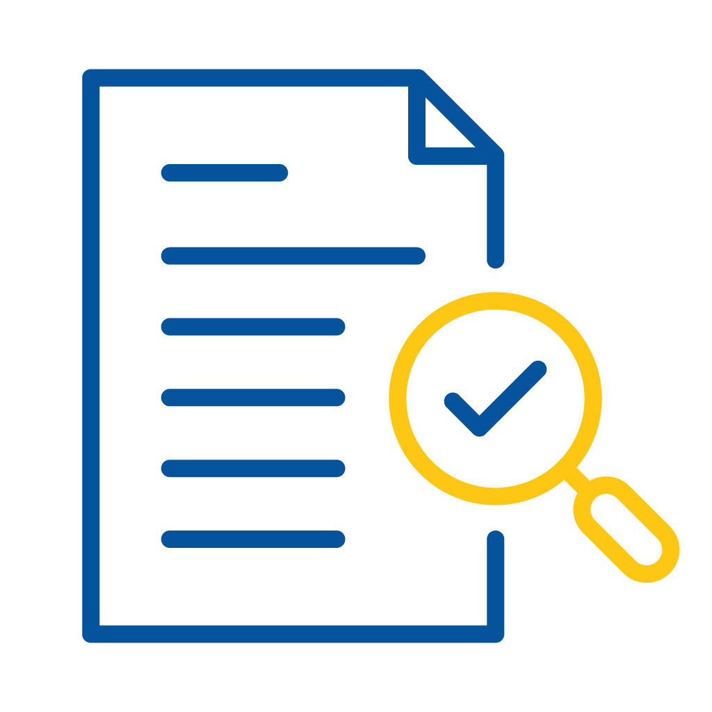Icon of a document with text lines and a magnifying glass showing a checkmark.