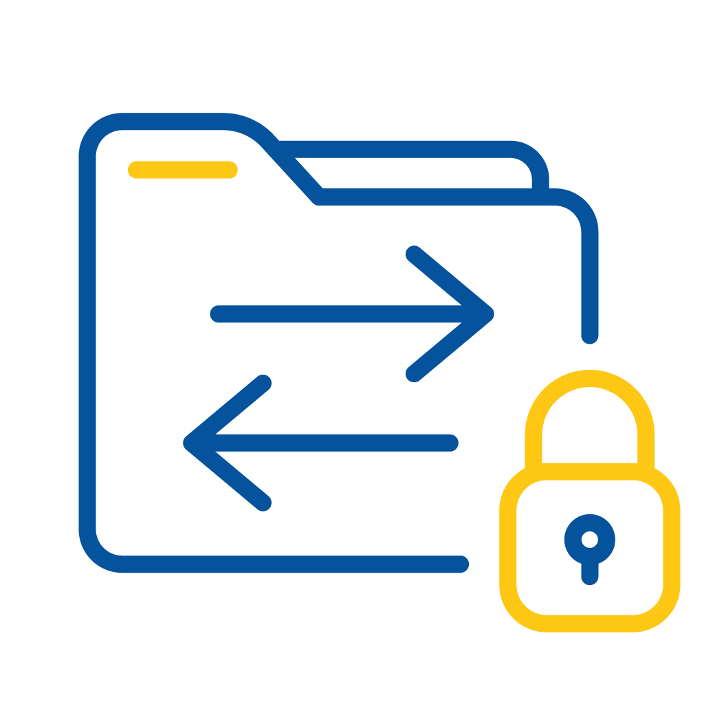 Blue file folder with bidirectional arrows and a yellow padlock symbolizing secure file transfer.