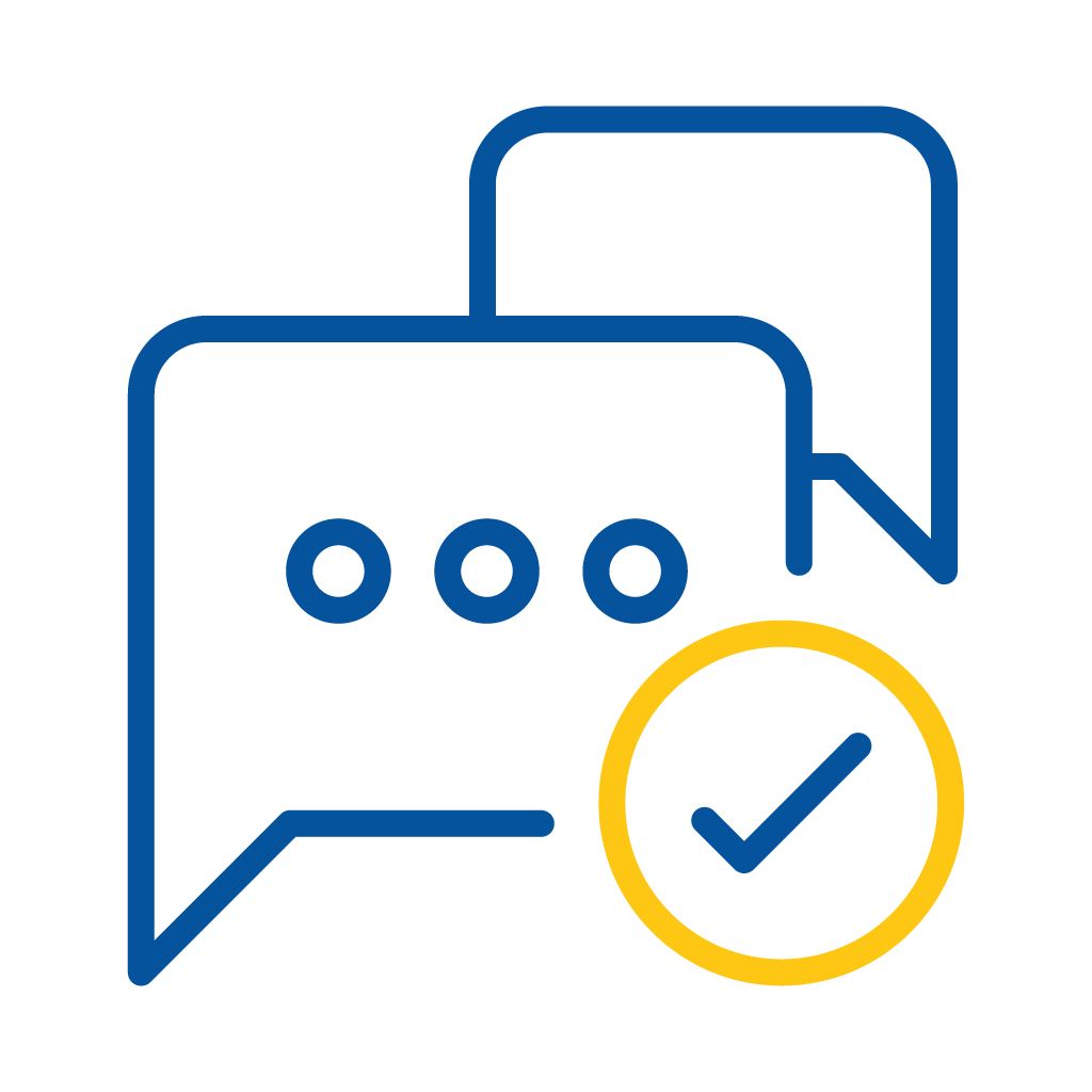 Two blue chat bubbles with three dots inside the front bubble and a yellow checkmark inside a circle on the lower right.