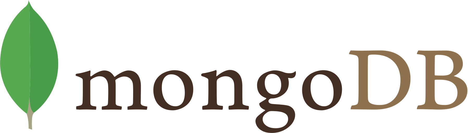 MongoDB logo featuring a green leaf icon to the left and the word 'mongoDB' with 'mongo' in dark brown and 'DB' in light brown.