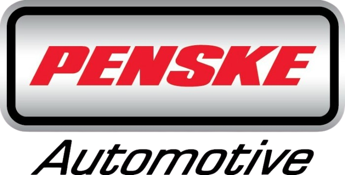 Penske Automotive logo with red text inside a black-edged silver rectangle and black italicized text below.