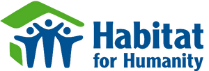 Habitat for Humanity logo with three blue human figures under a green roof shape.