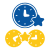 Blue clock icon above connected yellow gears symbol.