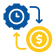 Blue stopwatch above golden coin with dollar sign and arrows indicating cycle.