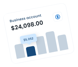 Business account balance showing $24,098.00 with a bar chart highlighting $5,052.