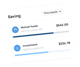 Savings dashboard displaying monthly income from mutual funds of $545.00 and investment of $234.78 with progress bars.