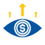 Blue eye icon with a dollar sign in the center and three yellow upward arrows above it.