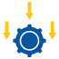 Blue gear icon with three orange arrows pointing downward above it.