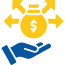 Blue hand holding a gold coin with a dollar sign surrounded by four yellow arrows pointing outward in all directions.