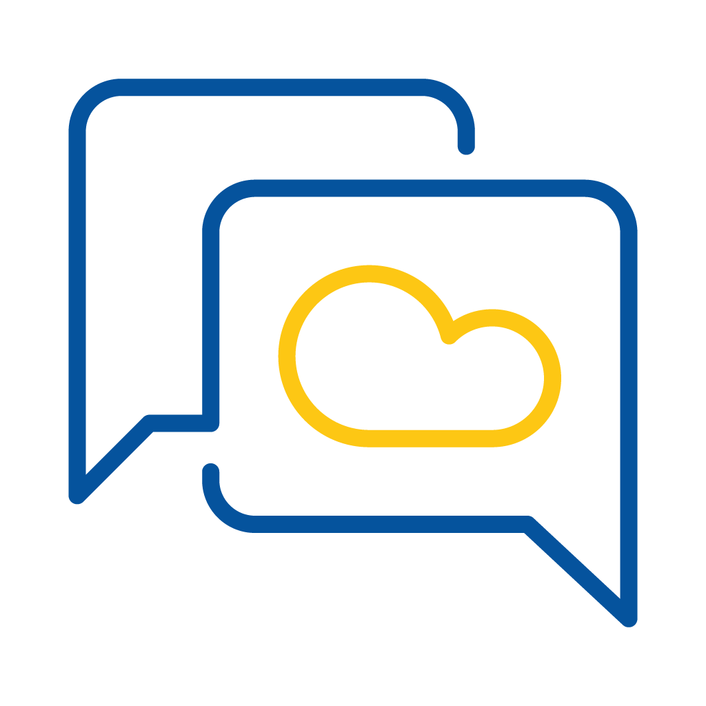 Two overlapping blue speech bubbles with a yellow cloud icon inside the front bubble.