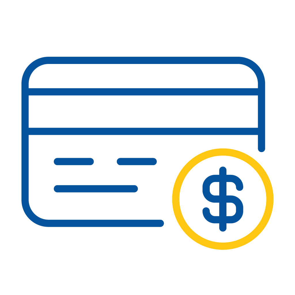 Blue credit card icon with a yellow circle featuring a dollar sign, representing payment or financial transaction.