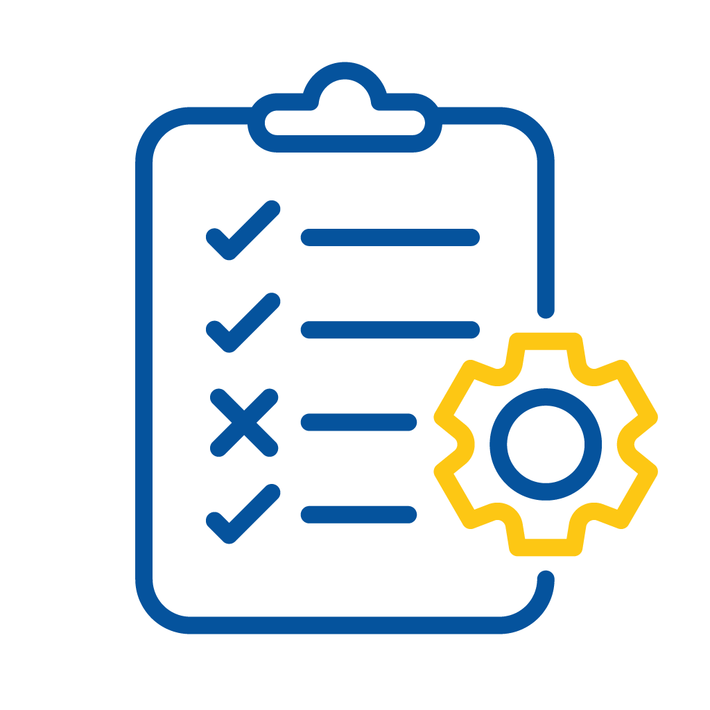 Clipboard with checklist containing three checkmarks and one cross, accompanied by a yellow gear symbol.