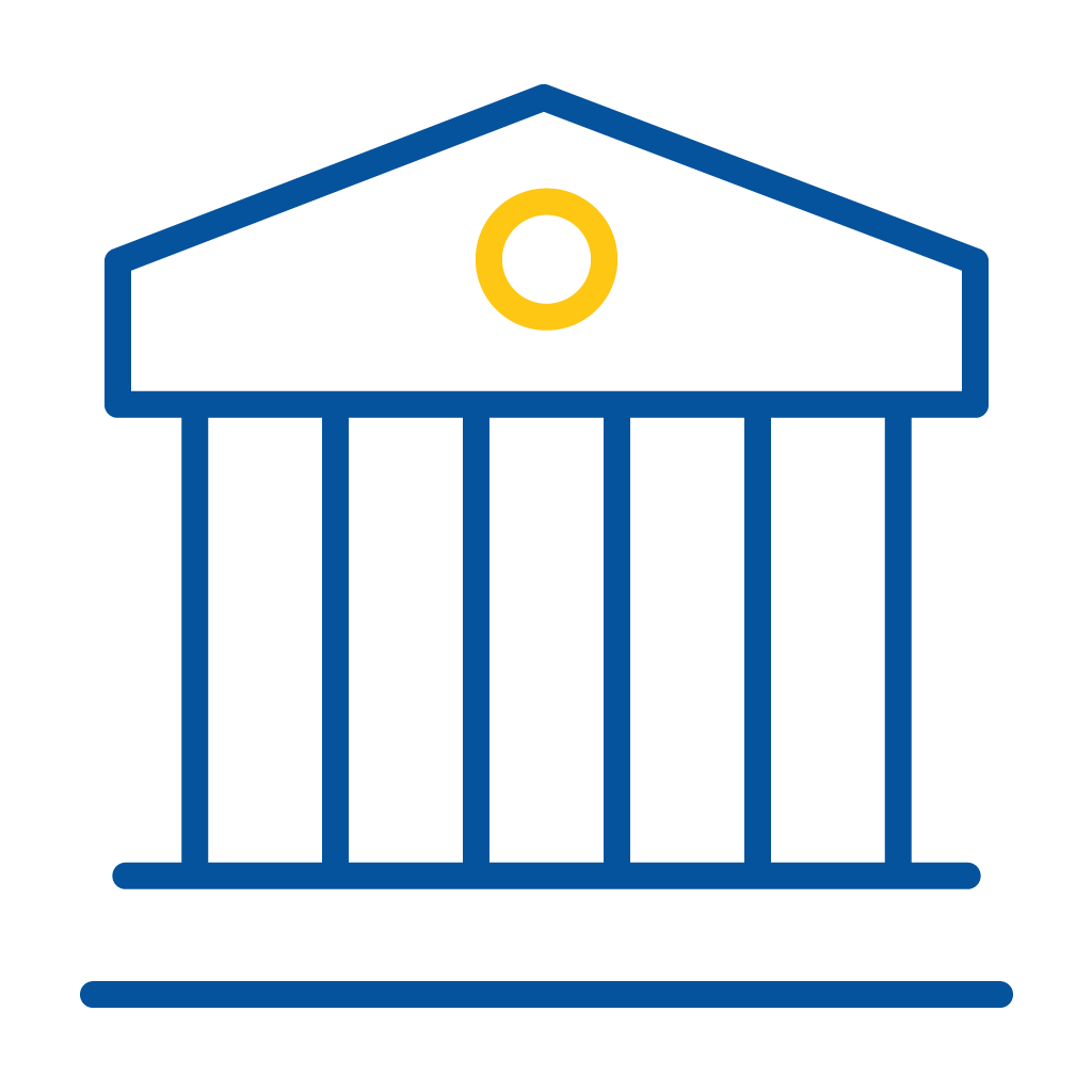 Blue outline of a classical bank building with five columns and a yellow circular emblem at the top.