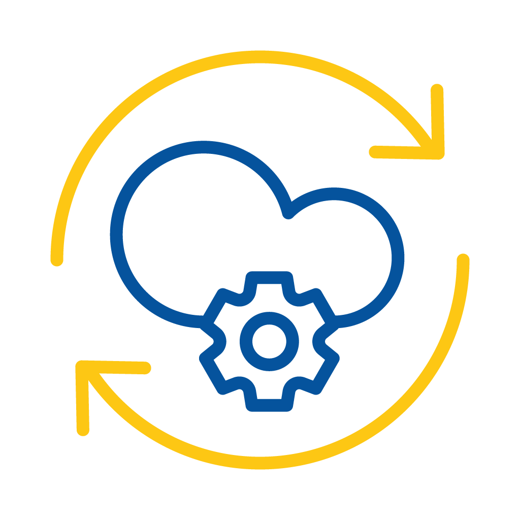 Blue cloud outline with a gear icon at the bottom center, surrounded by two yellow circular arrows indicating synchronization or update.