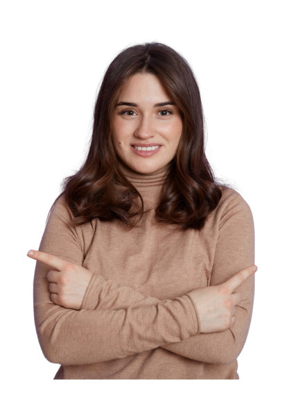 Smiling woman with brown hair wearing a beige turtleneck sweater, crossing her arms and pointing left and right with index fingers.