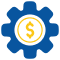 Blue gear icon with a yellow dollar sign in the center.