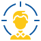 Yellow icon of a person with abstract blue curved lines around the head indicating ideas or communication.
