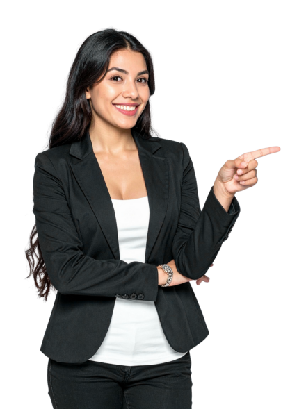 Smiling woman in black blazer and white top pointing to her right.