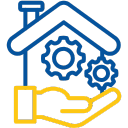Hand holding a house with two gears inside, representing property management.