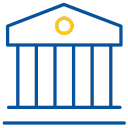 Icon of a classical bank building with pillars and a circular symbol above the entrance.