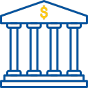 Icon of a blue bank building with four columns and a yellow dollar sign on the pediment.