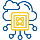 Icon of a computer chip connected to cloud outlines, symbolizing cloud technology and computing.