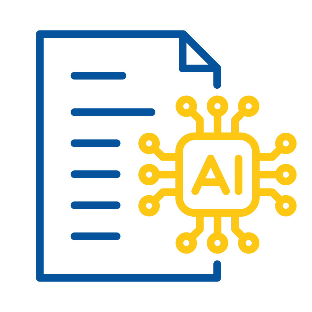 Blue document icon with horizontal lines and a yellow AI chip symbol overlapping the right side.