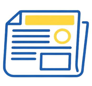 Icon of a newspaper with blue outlines and yellow highlights representing text blocks and a circular image.