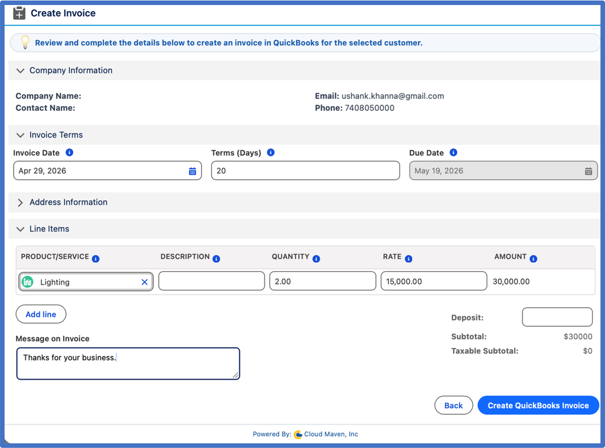 QuickBooks invoice creation screen showing company email and phone, invoice date April 29, 2026, 20 days terms, line item for 2 lighting units at $15,000 each, subtotal $30,000, and message saying 'Thanks for your business.'