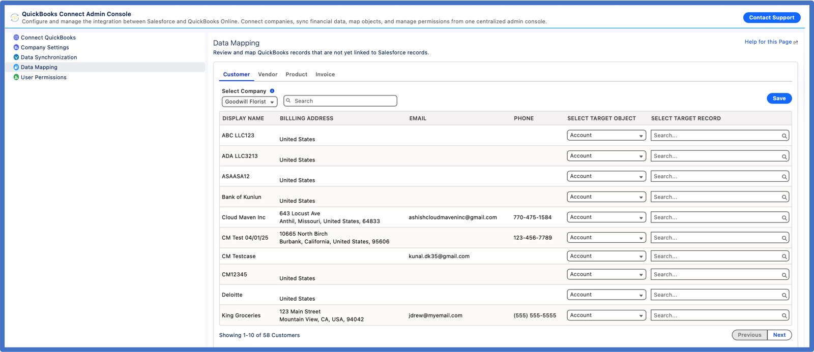 QuickBooks Connect Admin Console screen showing Data Mapping tab with a list of customers, their billing addresses, emails, phone numbers, and options to select target objects and records.