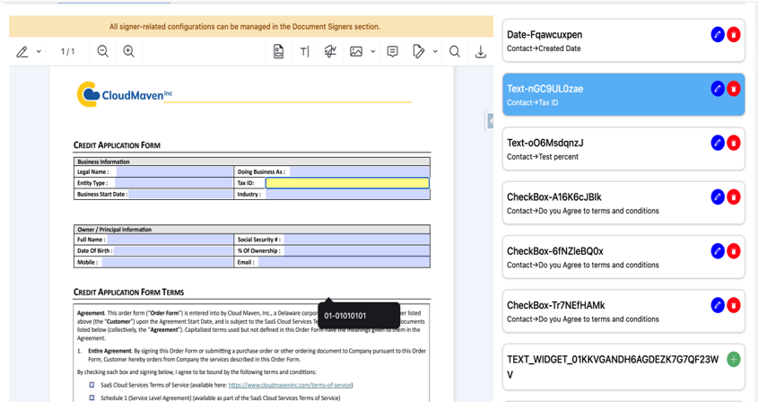 Credit application form from CloudMaven inc with sections for business information, owner/principal information, and credit application terms including agreement details and links to SaaS Cloud Services Terms of Service.