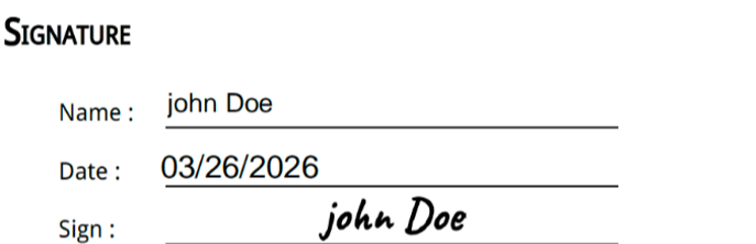 Signature form with name John Doe, date 03/26/2026, and signature in cursive John Doe.