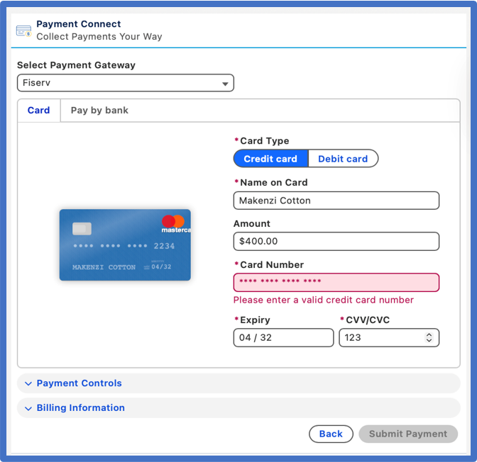 Online payment form selecting Fiserv gateway with credit card option, cardholder name Makenzi Cotton, amount $400, and error indicating invalid card number.